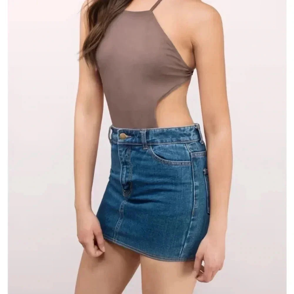 Mocha Brown Bodysuit Backless Side Cut Out TOBI Medium Strappy Low Back Halter